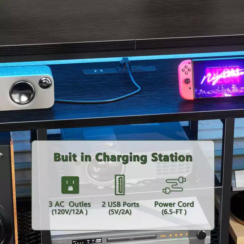 Meuble TV noir de 71 pouces avec station de charge, lumières LED, 6 tiroirs en tissu, console multimédia en cuir PU pour téléviseurs jusqu'à 80 pouces, rangement de chambre