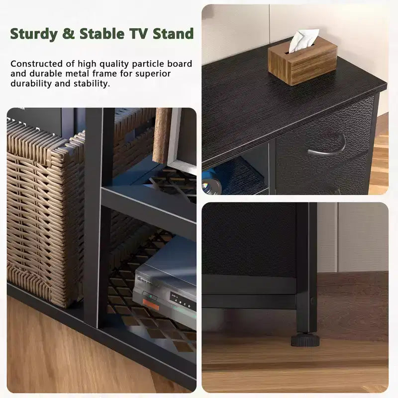 Meuble TV noir de 71 pouces avec station de charge, lumières LED, 6 tiroirs en tissu, console multimédia en cuir PU pour téléviseurs jusqu'à 80 pouces, rangement de chambre