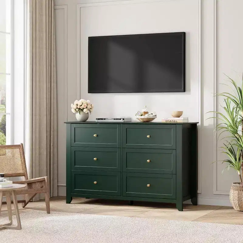 Grande commode moderne noire à 6 tiroirs en bois, tiroirs profonds et poignées métalliques pour chambre à coucher, entrée, couloir