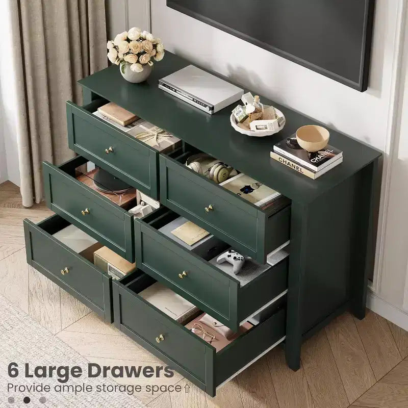 Grande commode moderne noire à 6 tiroirs en bois, tiroirs profonds et poignées métalliques pour chambre à coucher, entrée, couloir