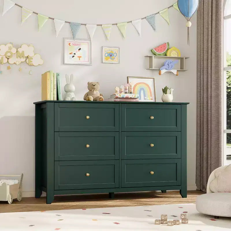 Grande commode moderne noire à 6 tiroirs en bois, tiroirs profonds et poignées métalliques pour chambre à coucher, entrée, couloir