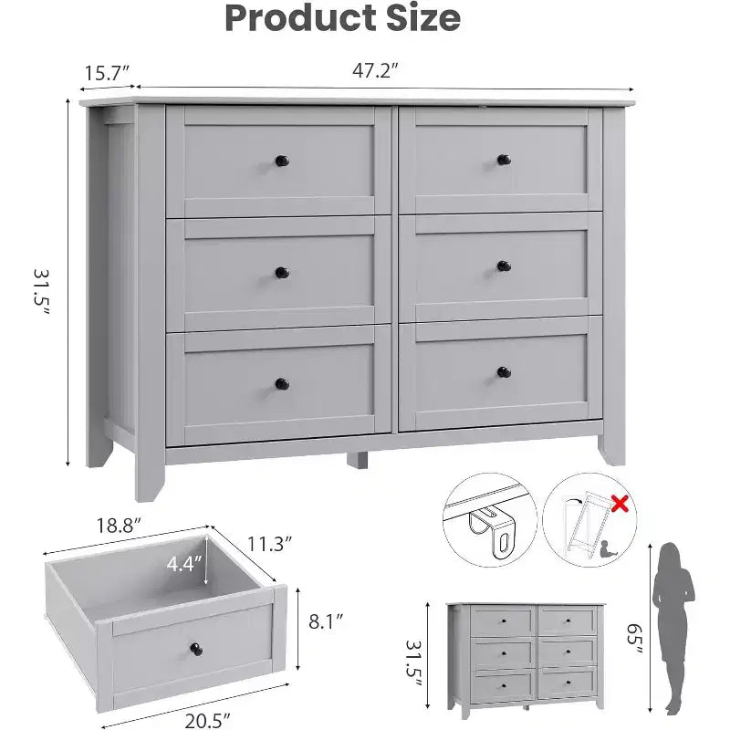 Grande commode moderne noire à 6 tiroirs en bois, tiroirs profonds et poignées métalliques pour chambre à coucher, entrée, couloir