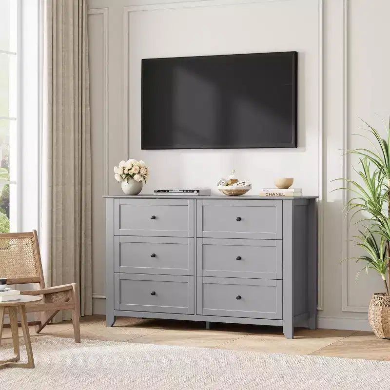 Grande commode moderne noire à 6 tiroirs en bois, tiroirs profonds et poignées métalliques pour chambre à coucher, entrée, couloir