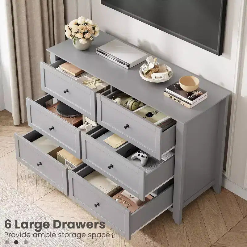 Grande commode moderne noire à 6 tiroirs en bois, tiroirs profonds et poignées métalliques pour chambre à coucher, entrée, couloir