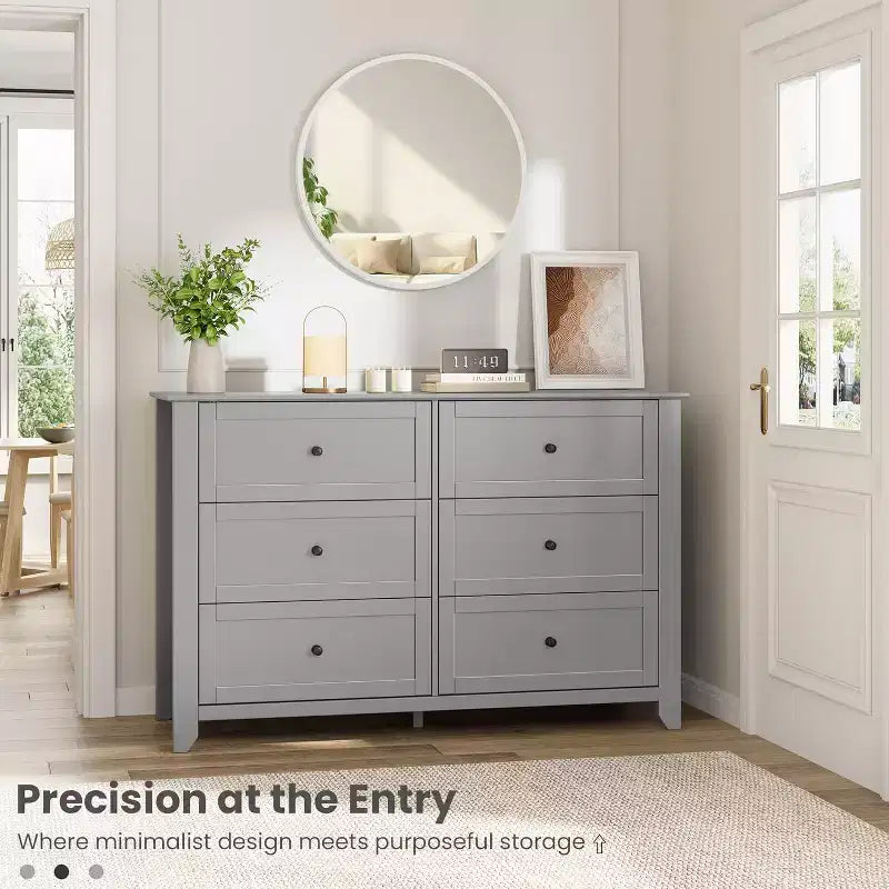 Grande commode moderne noire à 6 tiroirs en bois, tiroirs profonds et poignées métalliques pour chambre à coucher, entrée, couloir
