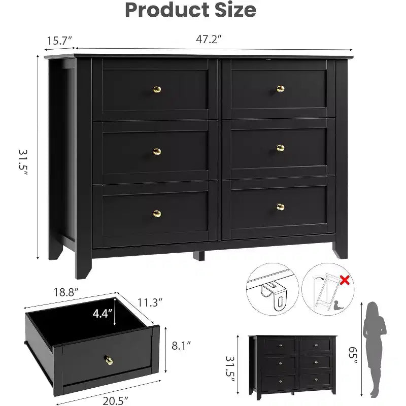 Grande commode moderne noire à 6 tiroirs en bois, tiroirs profonds et poignées métalliques pour chambre à coucher, entrée, couloir