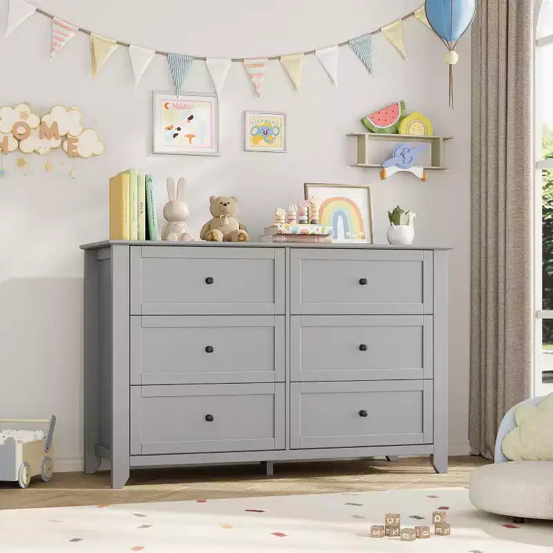Grande commode moderne noire à 6 tiroirs en bois, tiroirs profonds et poignées métalliques pour chambre à coucher, entrée, couloir