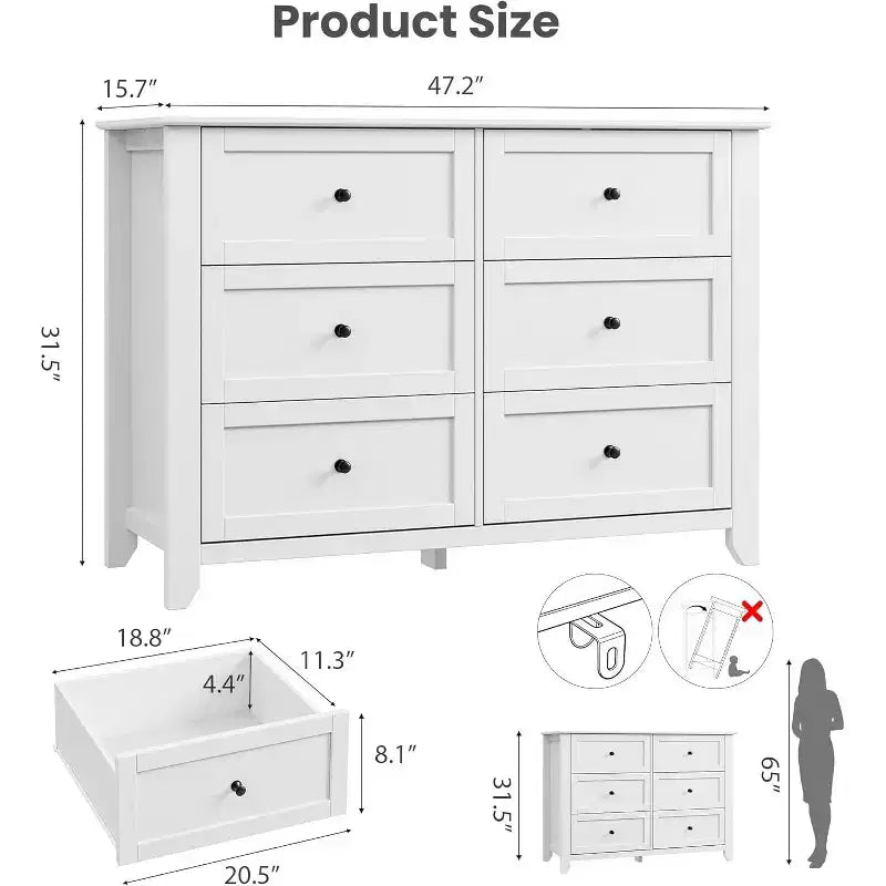 Grande commode moderne noire à 6 tiroirs en bois, tiroirs profonds et poignées métalliques pour chambre à coucher, entrée, couloir
