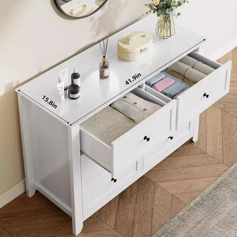 Grande commode moderne noire à 6 tiroirs en bois, tiroirs profonds et poignées métalliques pour chambre à coucher, entrée, couloir