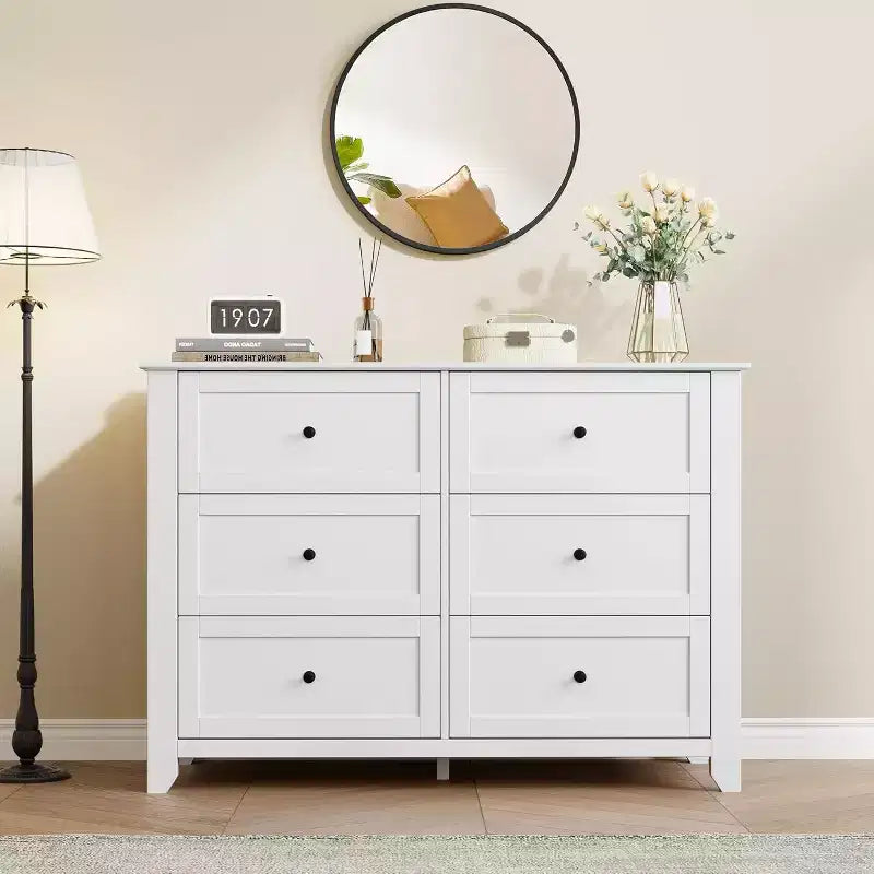 Grande commode moderne noire à 6 tiroirs en bois, tiroirs profonds et poignées métalliques pour chambre à coucher, entrée, couloir