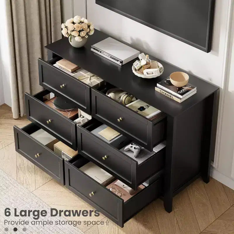 Grande commode moderne noire à 6 tiroirs en bois, tiroirs profonds et poignées métalliques pour chambre à coucher, entrée, couloir