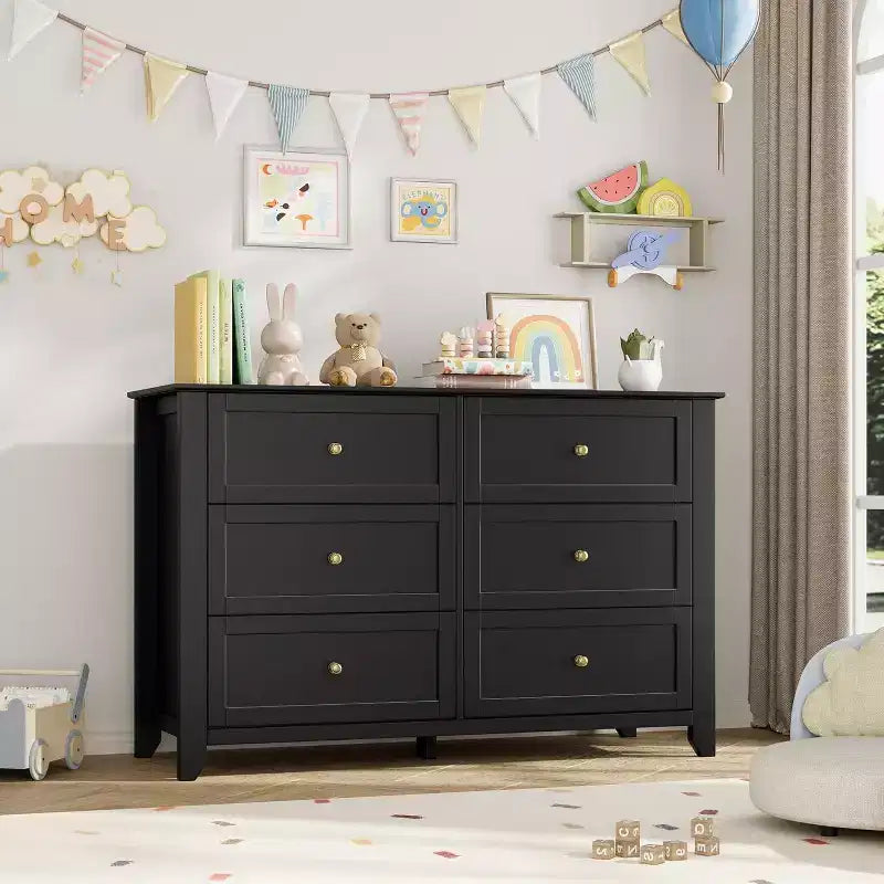 Grande commode moderne noire à 6 tiroirs en bois, tiroirs profonds et poignées métalliques pour chambre à coucher, entrée, couloir