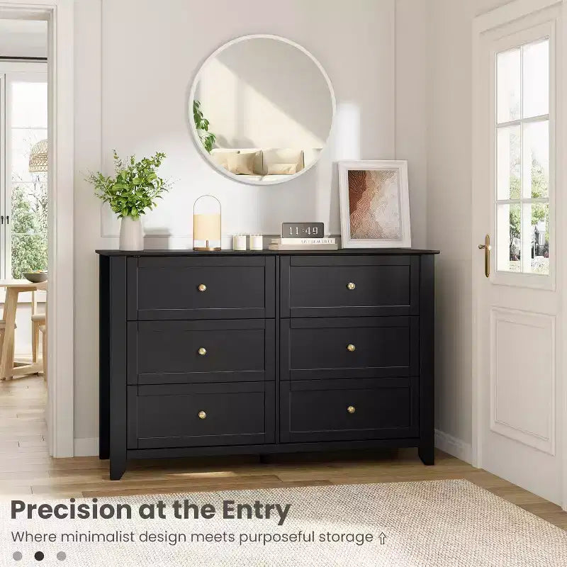 Grande commode moderne noire à 6 tiroirs en bois, tiroirs profonds et poignées métalliques pour chambre à coucher, entrée, couloir