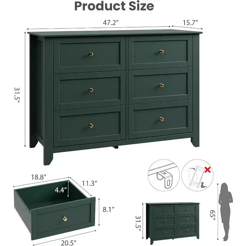 Grande commode moderne noire à 6 tiroirs en bois, tiroirs profonds et poignées métalliques pour chambre à coucher, entrée, couloir