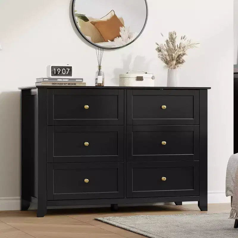 Large Modern Black 6-Drawer Wood Dresser, Deep Drawers & Metal Knobs for Bedroom, Entryway, Hallway