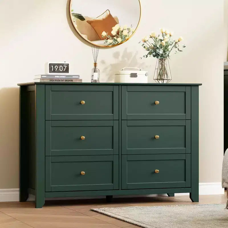 Grande commode moderne noire à 6 tiroirs en bois, tiroirs profonds et poignées métalliques pour chambre à coucher, entrée, couloir
