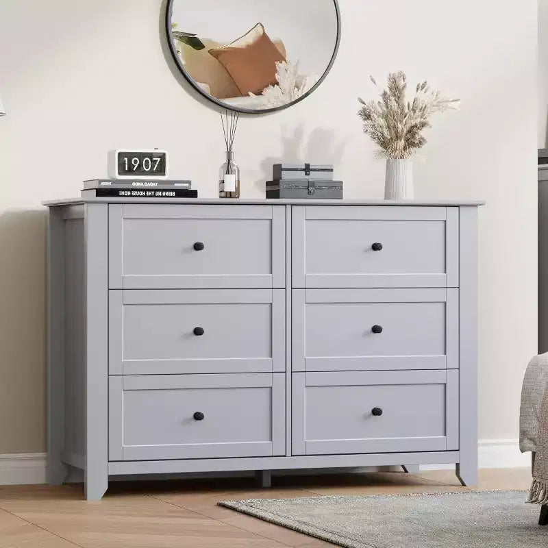Grande commode moderne noire à 6 tiroirs en bois, tiroirs profonds et poignées métalliques pour chambre à coucher, entrée, couloir
