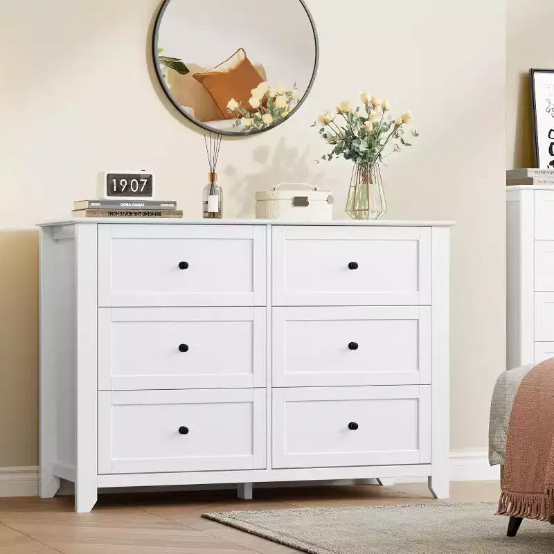 Grande commode moderne noire à 6 tiroirs en bois, tiroirs profonds et poignées métalliques pour chambre à coucher, entrée, couloir