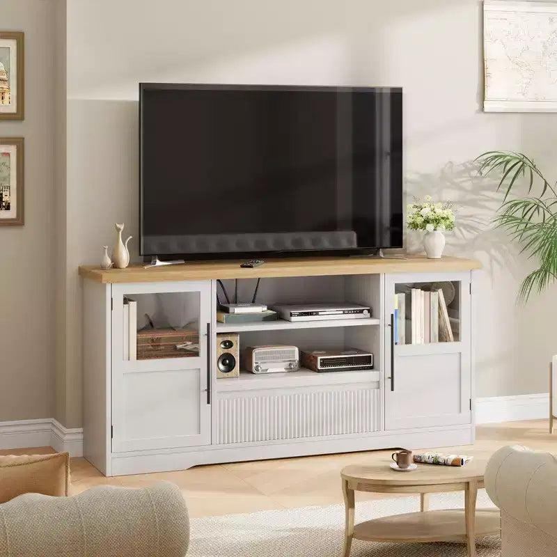 Meuble TV de ferme - S'adapte aux TV 72'', motif ondulé, 2 armoires vitrées, 2 espaces de rangement ouverts, meuble TV pour salon