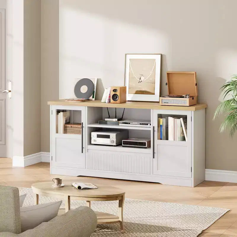 Meuble TV de ferme - S'adapte aux TV 72'', motif ondulé, 2 armoires vitrées, 2 espaces de rangement ouverts, meuble TV pour salon