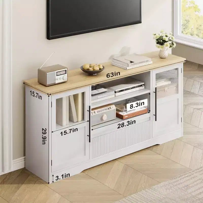 Meuble TV de ferme - S'adapte aux TV 72'', motif ondulé, 2 armoires vitrées, 2 espaces de rangement ouverts, meuble TV pour salon