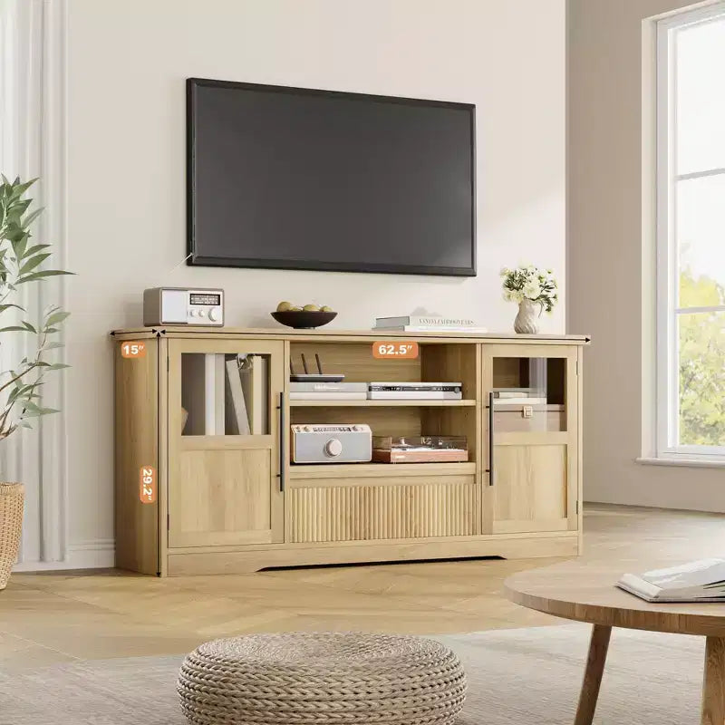Meuble TV de ferme - S'adapte aux TV 72'', motif ondulé, 2 armoires vitrées, 2 espaces de rangement ouverts, meuble TV pour salon