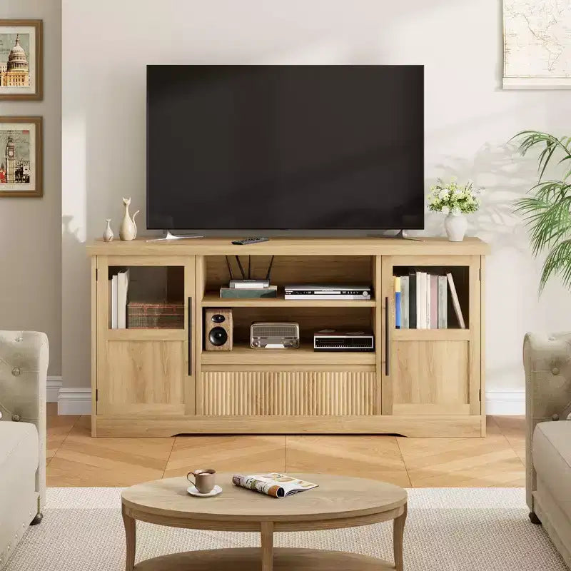Meuble TV de ferme - S'adapte aux TV 72'', motif ondulé, 2 armoires vitrées, 2 espaces de rangement ouverts, meuble TV pour salon