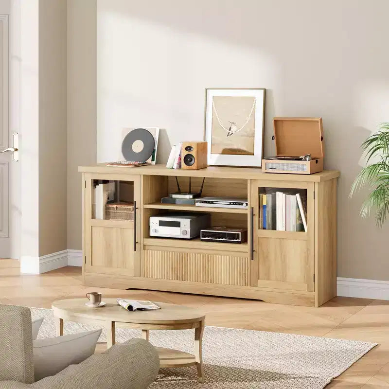 Meuble TV de ferme - S'adapte aux TV 72'', motif ondulé, 2 armoires vitrées, 2 espaces de rangement ouverts, meuble TV pour salon