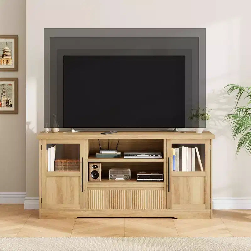 Meuble TV de ferme - S'adapte aux TV 72'', motif ondulé, 2 armoires vitrées, 2 espaces de rangement ouverts, meuble TV pour salon