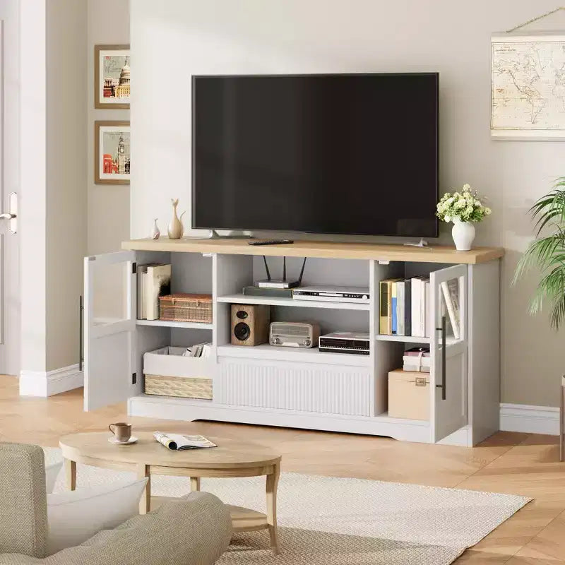 Meuble TV de ferme - S'adapte aux TV 72'', motif ondulé, 2 armoires vitrées, 2 espaces de rangement ouverts, meuble TV pour salon