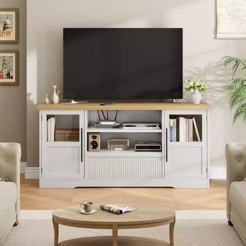 Meuble TV de ferme - S'adapte aux TV 72'', motif ondulé, 2 armoires vitrées, 2 espaces de rangement ouverts, meuble TV pour salon