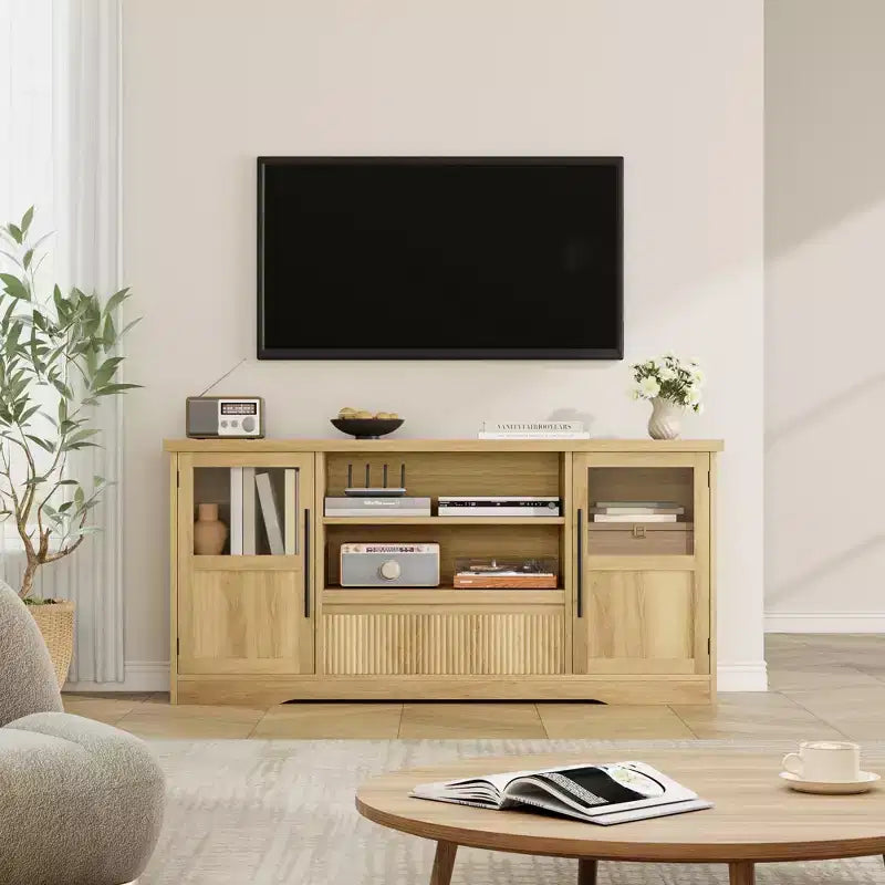 Farmhouse TV Stand - 72'' TV Fit, Wave Pattern, 2 Glass-Door Cabinets, 2 Open Storage, Entertainment Center for Living Room