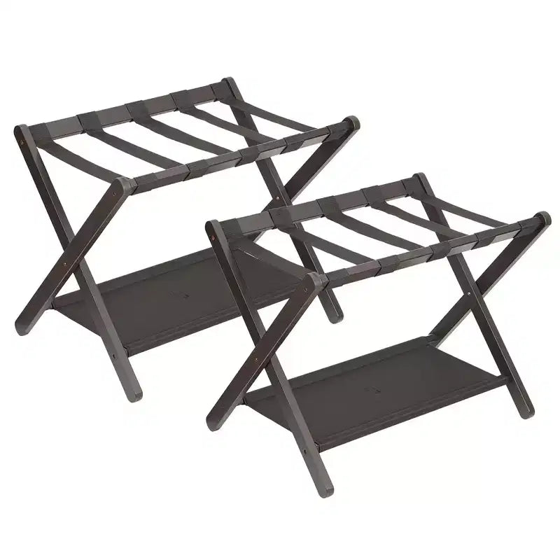 Folding Bamboo Luggage Rack 2 Pack with Storage Shelf, 2-Tier Suitcase Stand Holds up to 110 lbs for Bedroom & Hotel