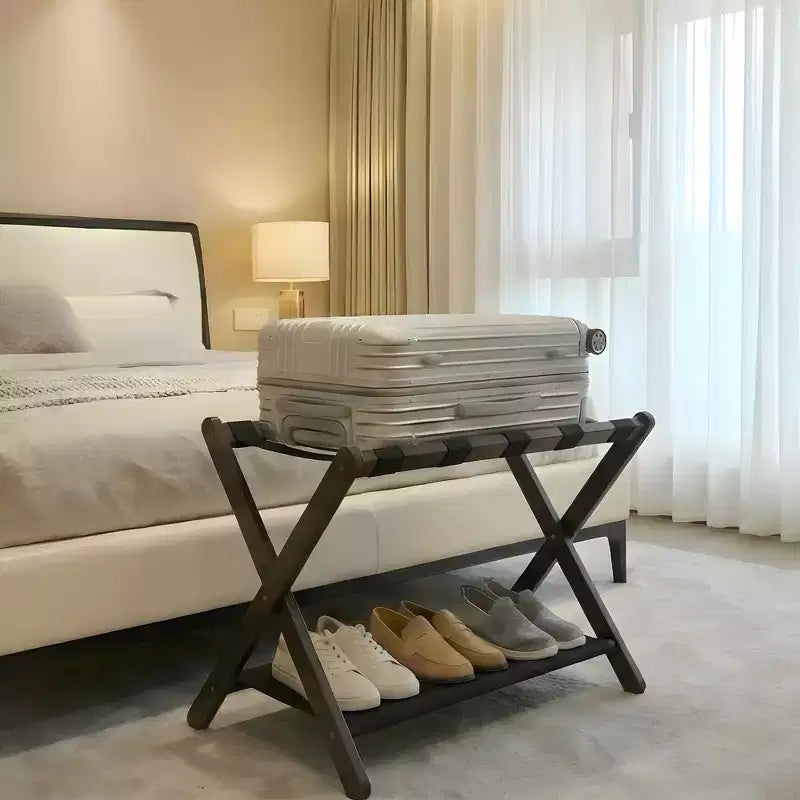 Lot de 2 porte-bagages pliables en bambou avec étagère de rangement, support de valise à 2 niveaux pouvant supporter jusqu'à 50 kg pour chambre et hôtel
