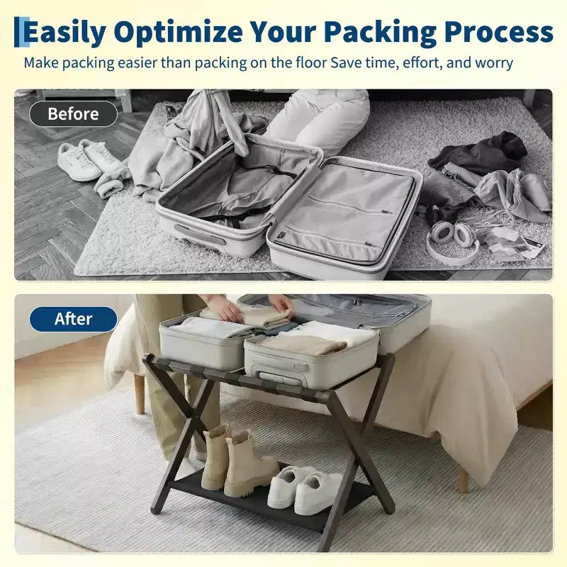 Lot de 2 porte-bagages pliables en bambou avec étagère de rangement, support de valise à 2 niveaux pouvant supporter jusqu'à 50 kg pour chambre et hôtel