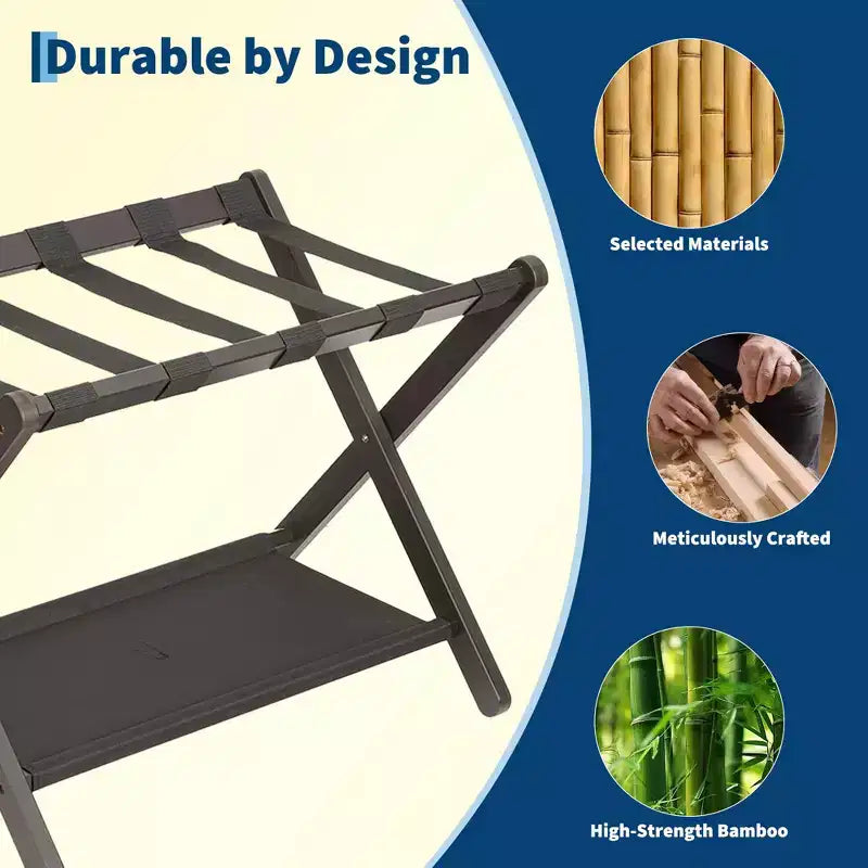 Lot de 2 porte-bagages pliables en bambou avec étagère de rangement, support de valise à 2 niveaux pouvant supporter jusqu'à 50 kg pour chambre et hôtel