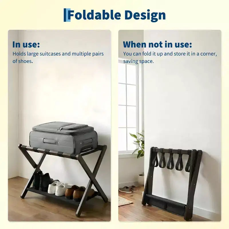 Lot de 2 porte-bagages pliables en bambou avec étagère de rangement, support de valise à 2 niveaux pouvant supporter jusqu'à 50 kg pour chambre et hôtel