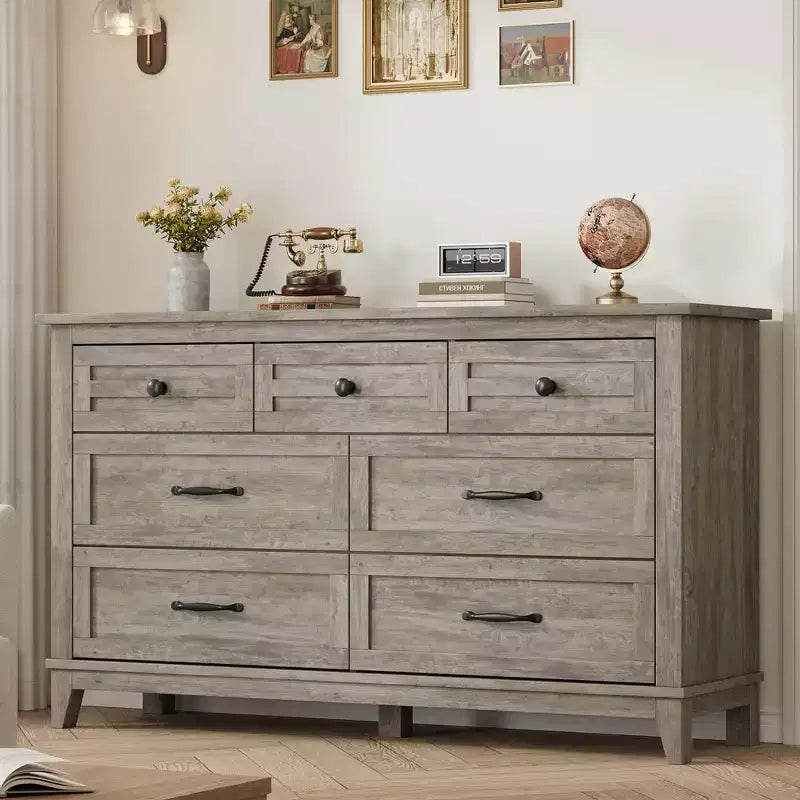 Grande commode en bois à 7 tiroirs pour chambre à coucher - Commode de rangement de 54 po de large - Organisateur de placard autoportant - Ensemble de meubles de chambre à coucher