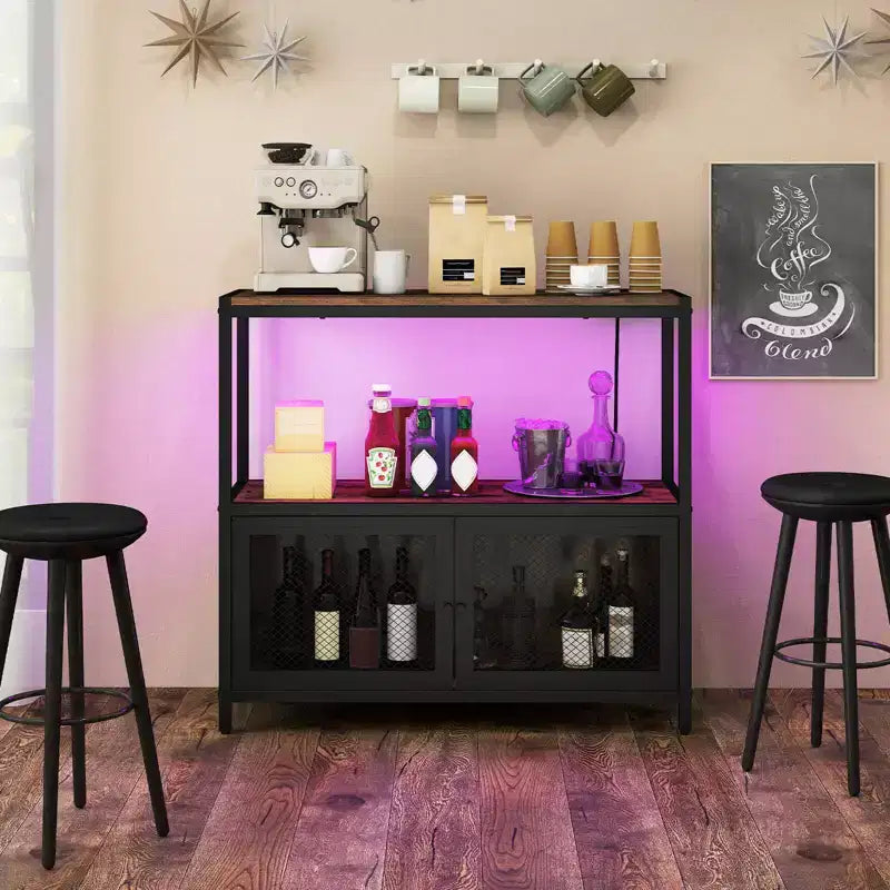 Meuble de bar à café avec lumières LED, buffet industriel avec station de recharge