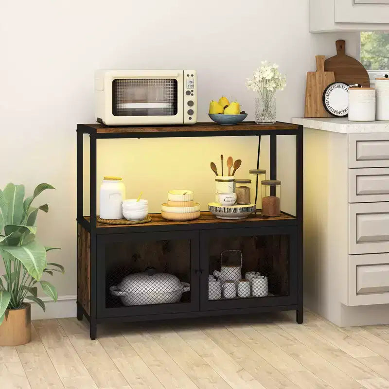 Meuble de bar à café avec lumières LED, buffet industriel avec station de recharge