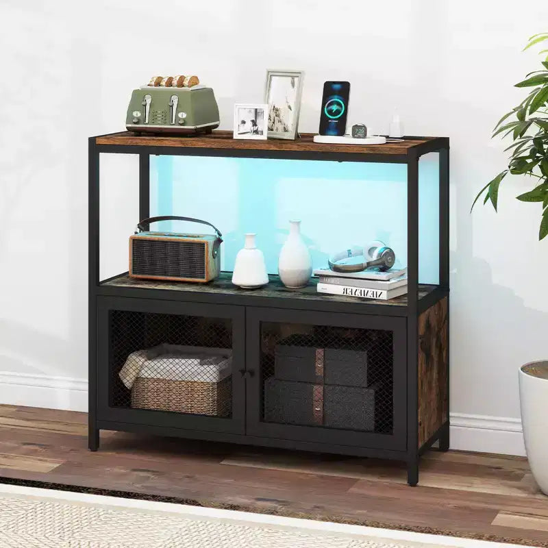 Meuble de bar à café avec lumières LED, buffet industriel avec station de recharge