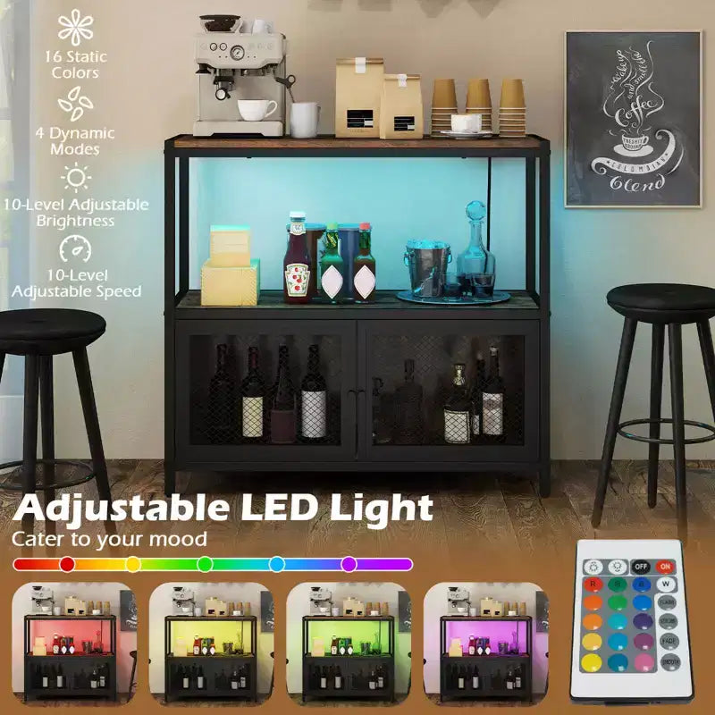 Meuble de bar à café avec lumières LED, buffet industriel avec station de recharge