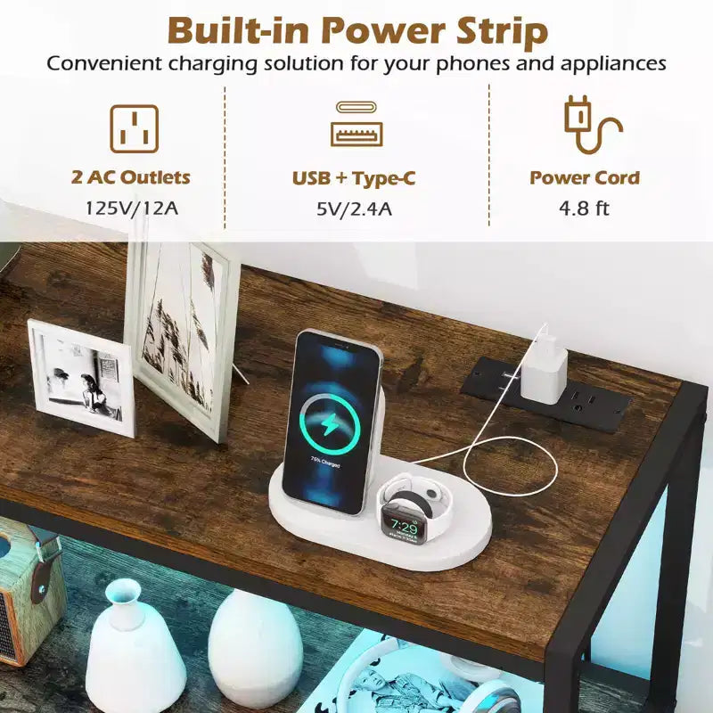Meuble de bar à café avec lumières LED, buffet industriel avec station de recharge