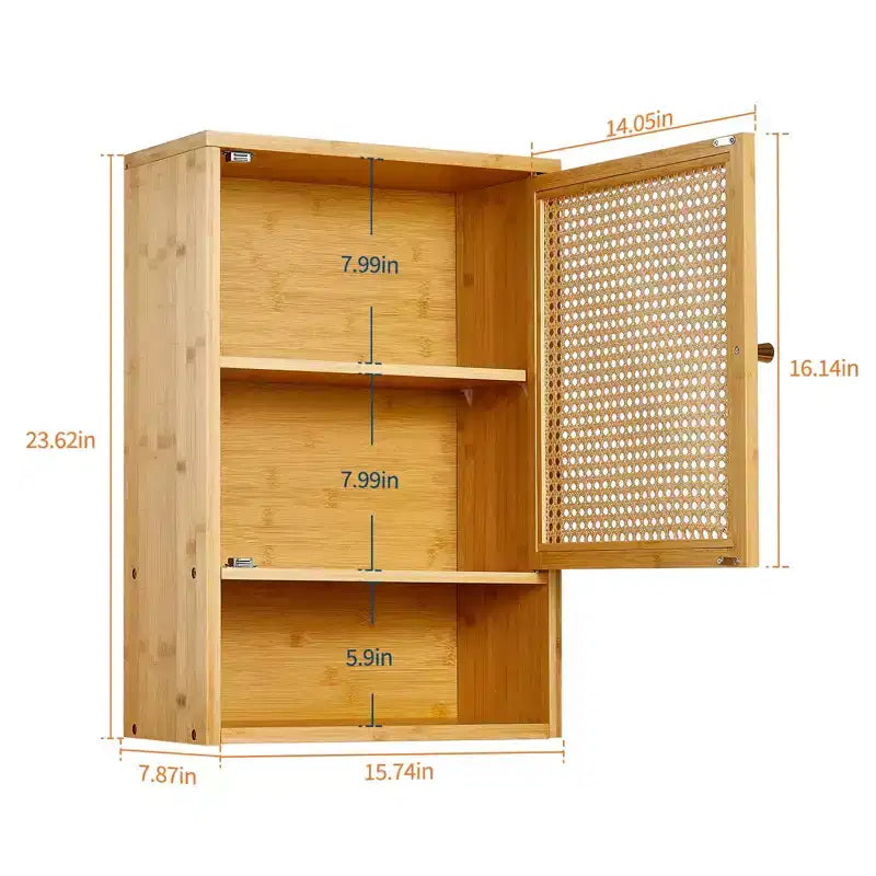 Meuble de salle de bain mural en bambou avec portes en rotin, Armoire à pharmacie de rangement au-dessus des toilettes avec étagère réglable, Économiseur d'espace pour la buanderie