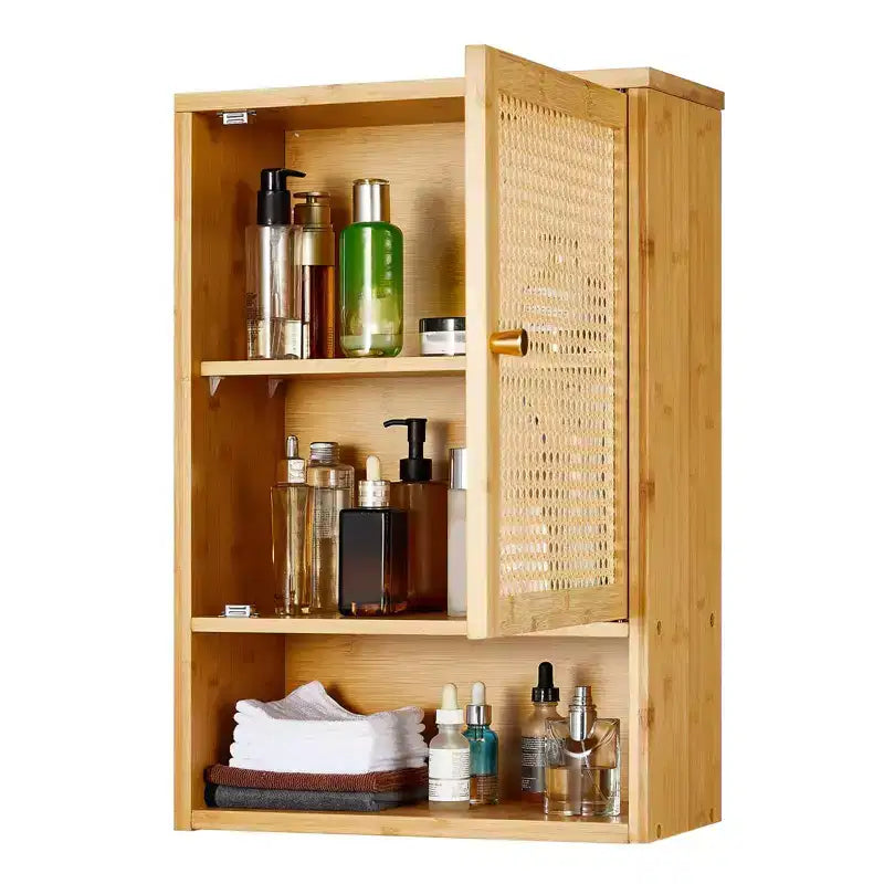 Meuble de salle de bain mural en bambou avec portes en rotin, Armoire à pharmacie de rangement au-dessus des toilettes avec étagère réglable, Économiseur d'espace pour la buanderie