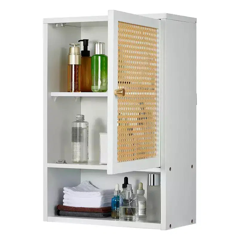 Meuble de salle de bain mural en bambou avec portes en rotin, Armoire à pharmacie de rangement au-dessus des toilettes avec étagère réglable, Économiseur d'espace pour la buanderie