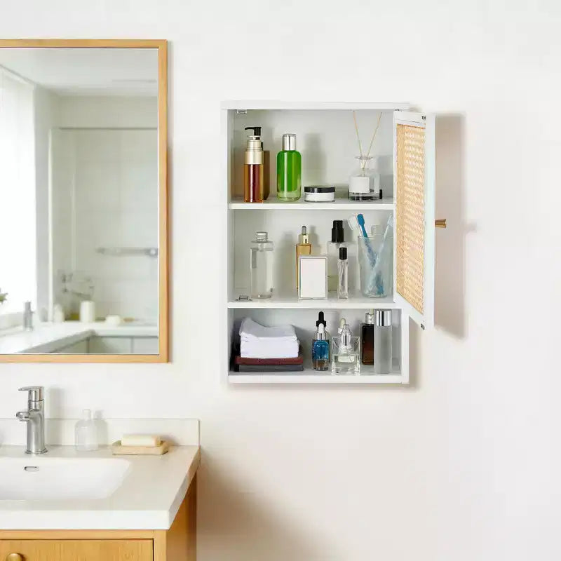 Meuble de salle de bain mural en bambou avec portes en rotin, Armoire à pharmacie de rangement au-dessus des toilettes avec étagère réglable, Économiseur d'espace pour la buanderie