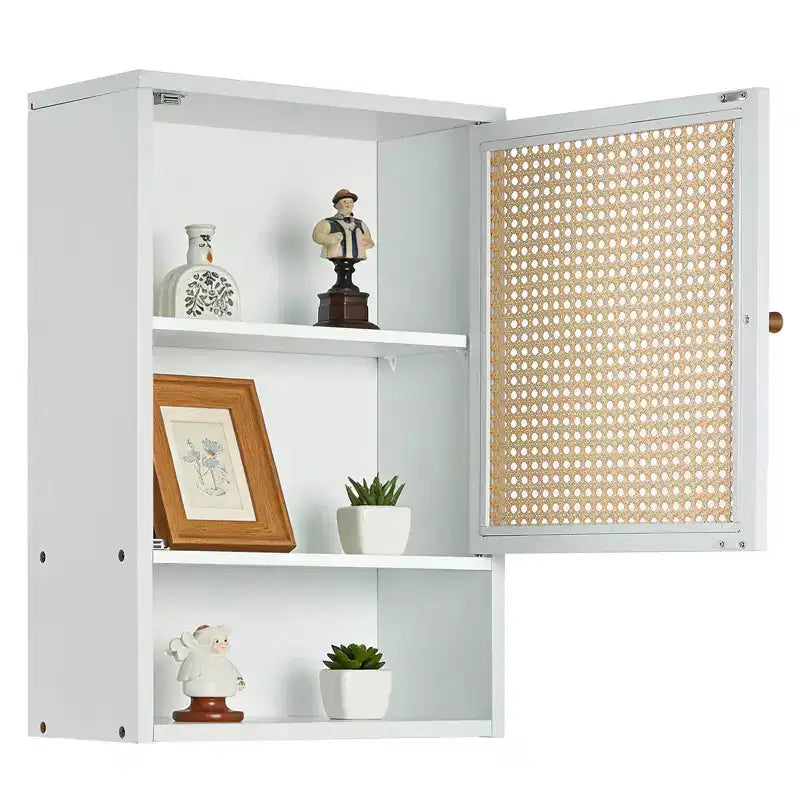 Meuble de salle de bain mural en bambou avec portes en rotin, Armoire à pharmacie de rangement au-dessus des toilettes avec étagère réglable, Économiseur d'espace pour la buanderie
