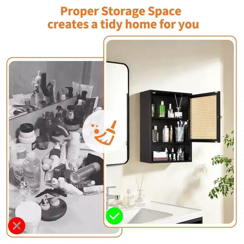 Meuble de salle de bain mural en bambou avec portes en rotin, Armoire à pharmacie de rangement au-dessus des toilettes avec étagère réglable, Économiseur d'espace pour la buanderie