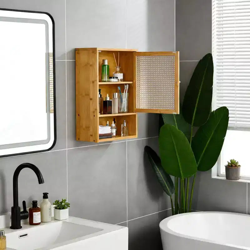 Meuble de salle de bain mural en bambou avec portes en rotin, Armoire à pharmacie de rangement au-dessus des toilettes avec étagère réglable, Économiseur d'espace pour la buanderie